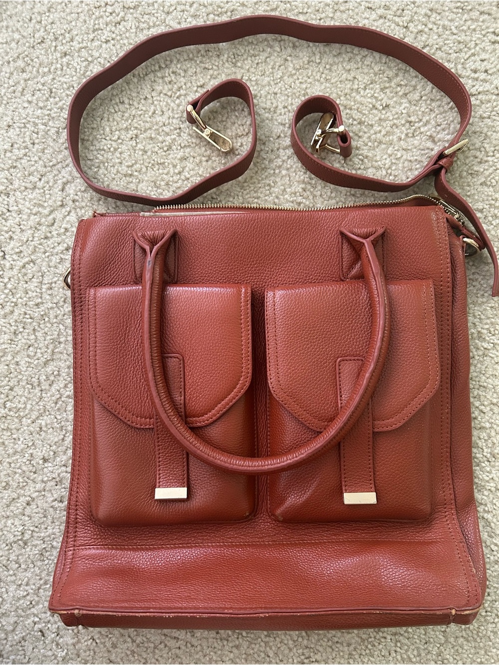 Classic Leather Tote in Brick Red with Front Pockets - Picture 2 of 7